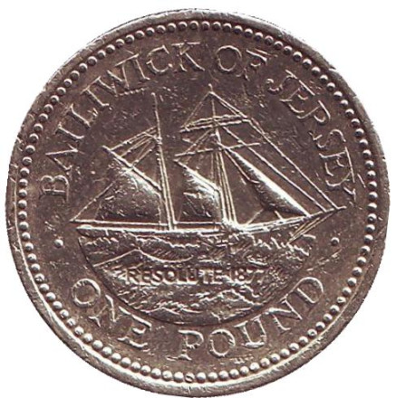 Монета 1 фунт. 1998 год, Джерси. Из обращения. Шхуна "Резолют".