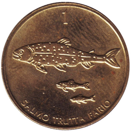 Монета 1 толар. 1997 год, Словения. Ручьевая форель.