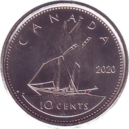 Монета 10 центов 2020 год Канада. Парусник.