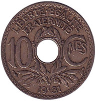 10 сантимов. 1931 год, Франция.