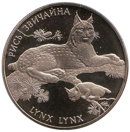 Монета 2 гривны. 2001 год, Украина. Рысь обыкновенная.