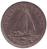 Монета 25 центов. 1991 год, Багамские острова. Парусник. Монета 25 центов. 1991 год, Багамские острова. Парусник.