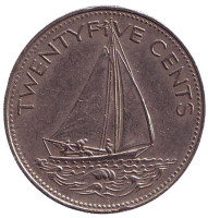 Парусник. Монета 25 центов. 1991 год, Багамские острова.