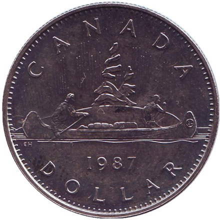 Монета 1 доллар. 1987 год, Канада. Старый тип. Индейцы в каноэ.