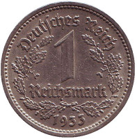 Монета 1 рейхсмарка. 1933 (D) год, Третий Рейх (Германия).