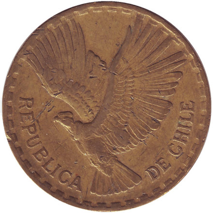 Монета 10 чентезимо. 1964 год, Чили. Кондор.
