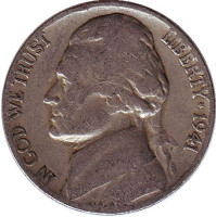 Джефферсон. Монтичелло. Монета 5 центов. 1941 год (D), США.