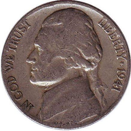 Монета 5 центов. 1941 год (D), США. Джефферсон. Монтичелло.
