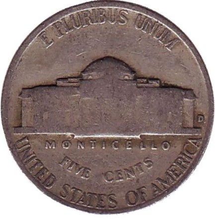 Монета 5 центов. 1941 год (D), США. Джефферсон. Монтичелло. Монета 5 центов. 1941 год (D), США. Джефферсон. Монтичелло.