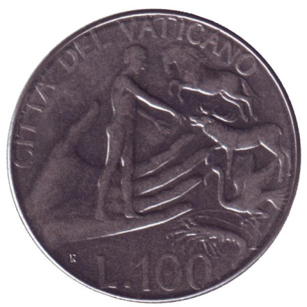 Монета 100 лир. 1988 год, Ватикан. Иоанн Павел II. Адам называет животных.