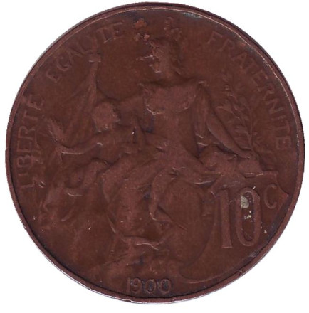 Монета 10 сантимов. 1900 год, Франция.