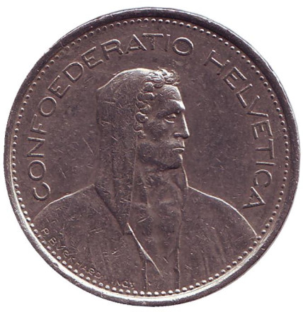 Монета 5 франков. 1973 год, Швейцария. Вильгельм Телль.