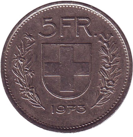 Монета 5 франков. 1973 год, Швейцария. Вильгельм Телль. Монета 5 франков. 1973 год, Швейцария. Вильгельм Телль.