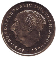 Теодор Хойс. Монета 2 марки. 1977 год (F), ФРГ. UNC.