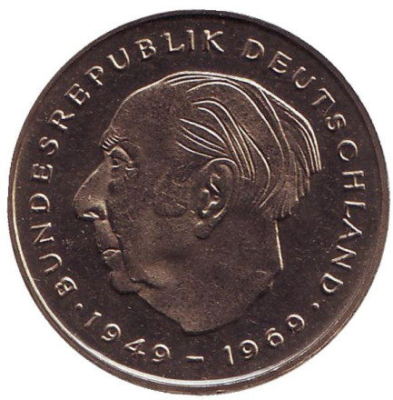 Монета 2 марки. 1977 год (F), ФРГ. UNC. Теодор Хойс.