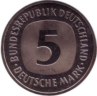 Монета 5 марок. 1981 год (J), Германия. UNC.