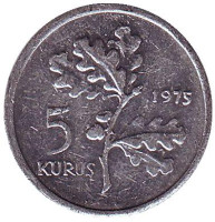 Дубовая ветвь. Монета 5 курушей. 1975 год, Турция.
