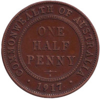 Монета 1/2 пенни. 1917 год, Австралия.