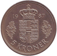 Монета 5 крон. 1987 год, Дания.