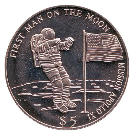 Монета 5 долларов. 2000 год, Либерия. Тип 1. Первый человек на Луне.