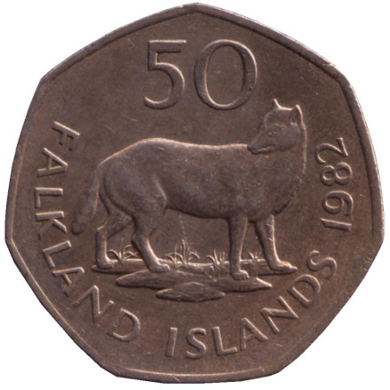 Монета 50 пенсов. 1982 год, Фолклендские острова. Лисица.