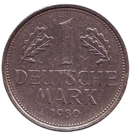 Монета 1 марка. 1980 год (J), ФРГ. Из обращения.