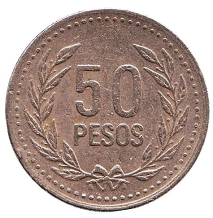 Монета 50 песо. 2005 год, Колумбия.