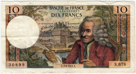 Банкнота 10 франков. 1971 год, Франция. Вольтер.