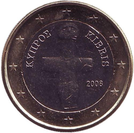 Монета 1 евро. 2008 год, Кипр.