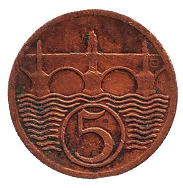 Монета 5 геллеров. 1928 год, Чехословакия.