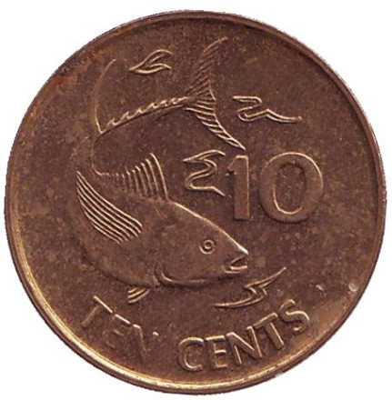 Монета 10 центов. 2012 год, Сейшельские острова. Из обращения. Желтопёрый тунец.
