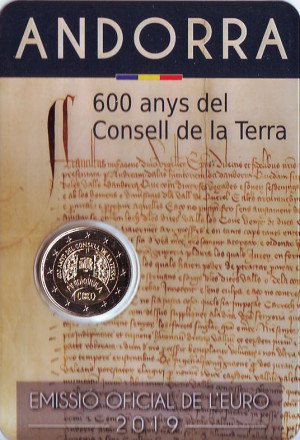 Монета 2 евро. 2019 год, Андорра. 600 лет Генеральному совету долин Андорры.