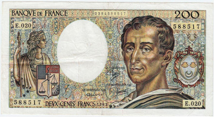 Банкнота 200 франков. 1983 год, Франция. Шарль Луи де Монтескье.