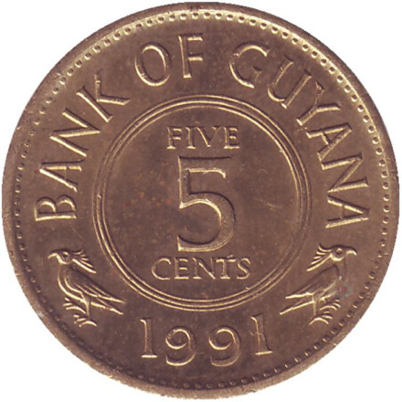 Монета 5 центов. 1991 год, Гайана. Лотос.