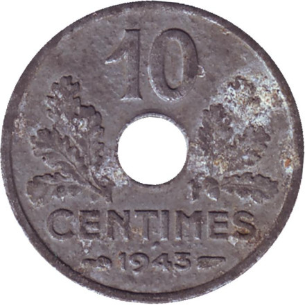 Монета 10 сантимов. 1943 год, Франция. Режим Виши. (Новый тип: Диаметр 17 мм).