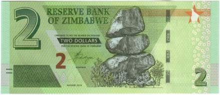 Банкнота 2 доллара. 2019 год, Зимбабве.