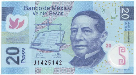 Банкнота 20 песо. 2012 год, Мексика. Бенито Хуарес.