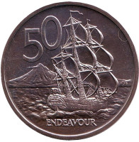 Парусник "Endeavour". Монета 50 центов, 1969 год, Новая Зеландия. UNC.