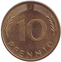 Дубовые листья. Монета 10 пфеннигов. 1981 год (J), ФРГ.