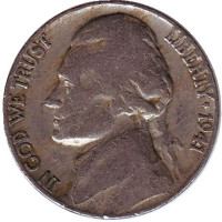 Джефферсон. Монтичелло. Монета 5 центов. 1941 год (S), США.