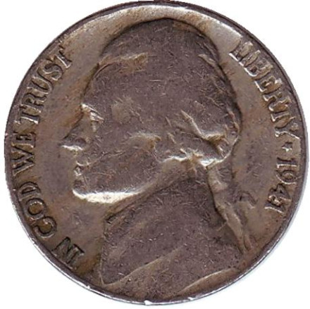 Монета 5 центов. 1941 год (S), США. Джефферсон. Монтичелло.