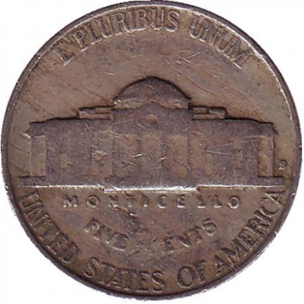 Монета 5 центов. 1941 год (S), США. Джефферсон. Монтичелло. Монета 5 центов. 1941 год (S), США. Джефферсон. Монтичелло.