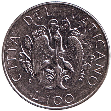 Монета 100 лир. 1989 год, Ватикан. Иоанн Павел II. Пеликан с птенцами.