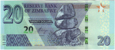 Банкнота 20 долларов. 2020 год, Зимбабве.