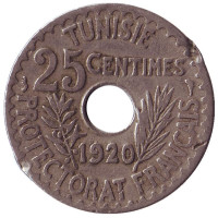 Монета 25 сантимов. 1920 год, Тунис (протекторат Франции).