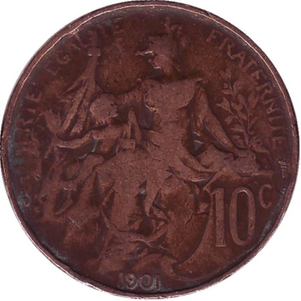 Монета 10 сантимов. 1901 год, Франция.