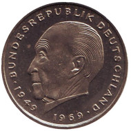 Монета 2 марки. 1977 год (F), ФРГ. Конрад Аденауэр. Монета 2 марки. 1977 год (F), ФРГ. Конрад Аденауэр.