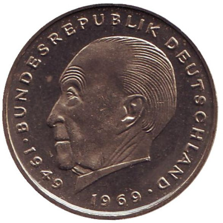 Монета 2 марки. 1977 год (F), ФРГ. UNC. Конрад Аденауэр.