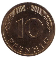 Дубовые листья. Монета 10 пфеннигов. 1982 год (D), ФРГ. UNC.