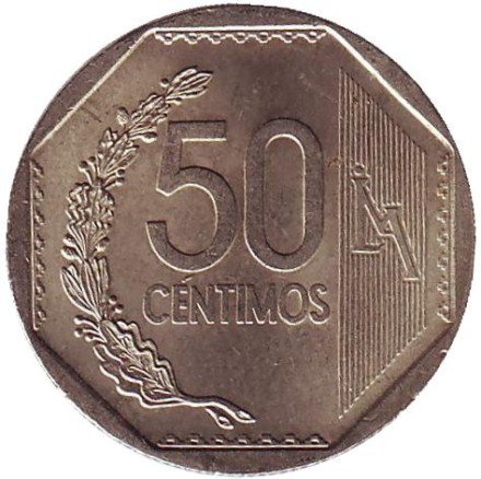 Монета 50 сентимов. 2013 год, Перу.